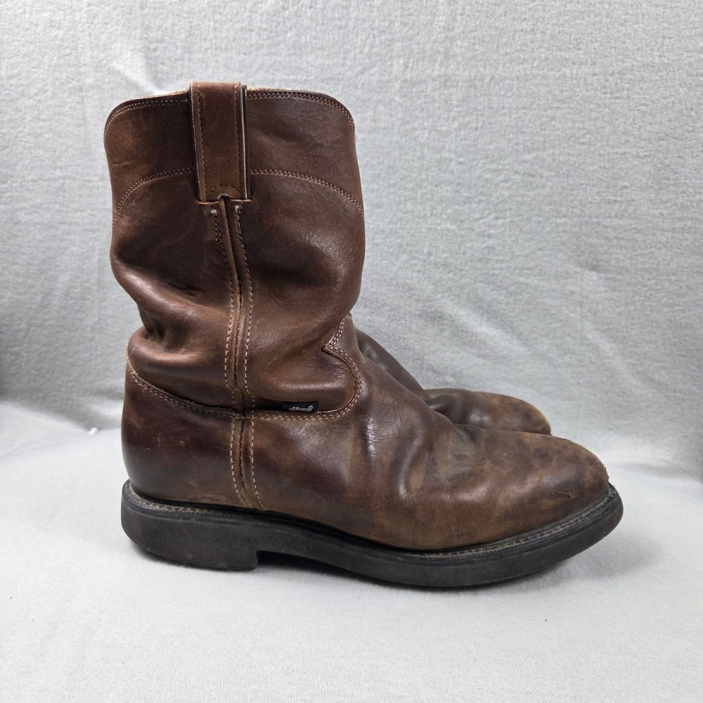 Justin Work Boots Mens Sz 11 Brown Fair Leather Pull On Round Toe Oil Resisting